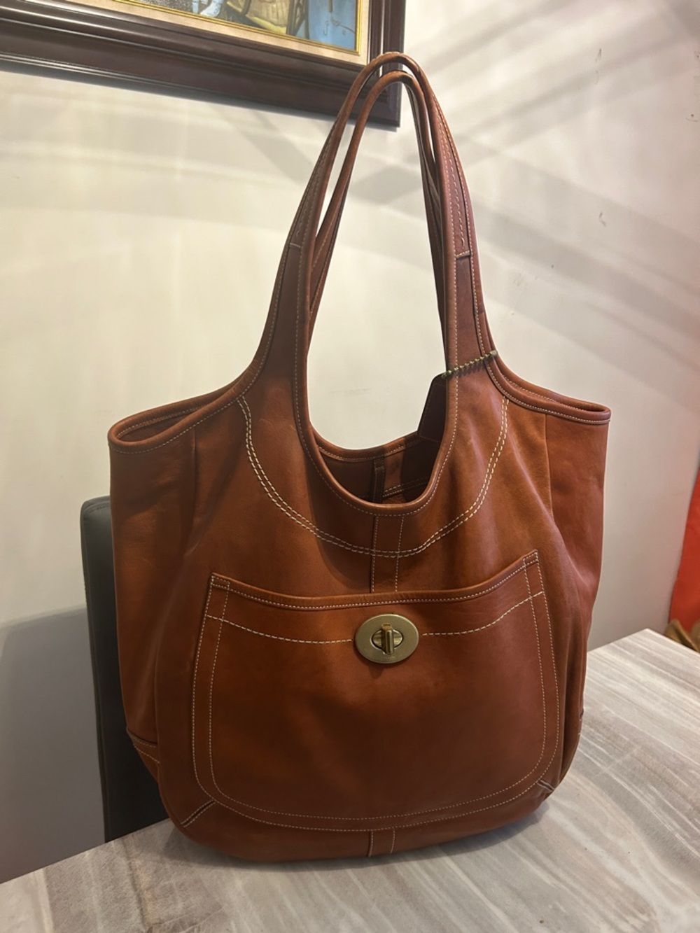 Coach Brown Leather Shoulder Tote with Front Turn-Lock